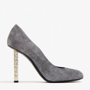 Chanel Logo Embossed Metallic High Heel Grey Suede Pumps EU 39 US 8-8.5